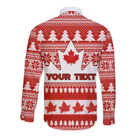 Unisex red long-sleeve button shirt, back YOUR TEXT with maple leaf pattern