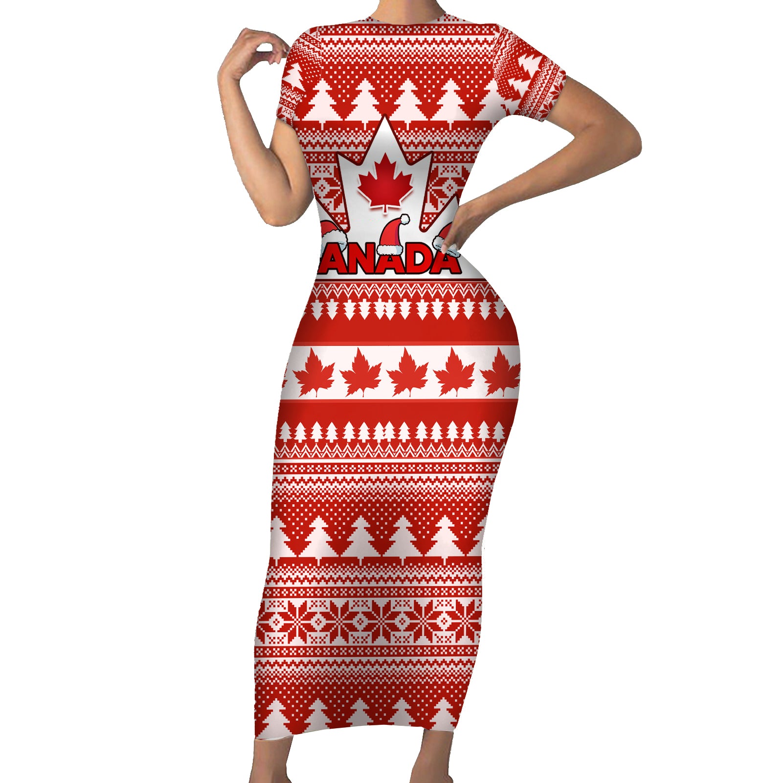 Custom Canada Christmas Short Sleeve Bodycon Dress Maple Leaf Unique Style - Wonder Print Shop