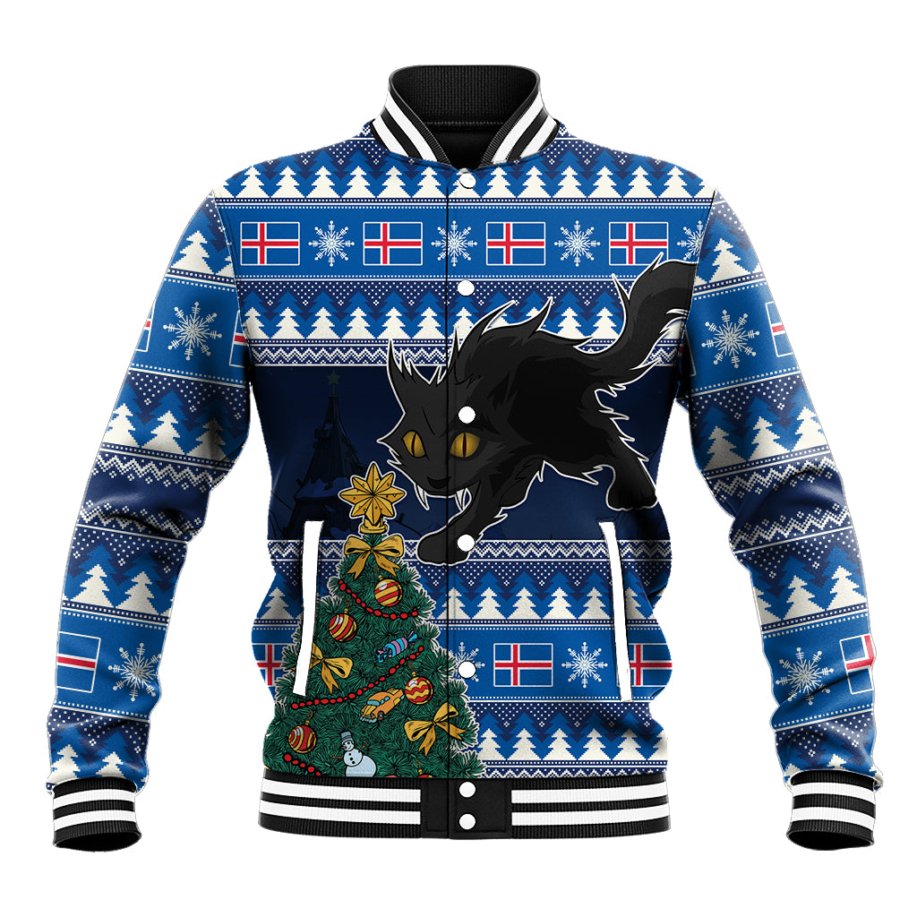 Blue holiday baseball jacket with black cat and Christmas tree graphic, striped ribbed cuffs