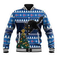 Blue holiday baseball jacket with black cat and Christmas tree graphic, striped ribbed cuffs
