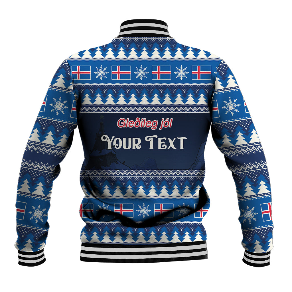 Blue holiday baseball jacket back with Norway flag pattern and customizable text panel, ribbed hem