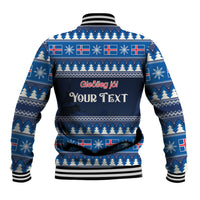 Blue holiday baseball jacket back with Norway flag pattern and customizable text panel, ribbed hem