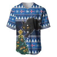 Blue Christmas baseball jersey with Iceland flag motifs, black cat and decorated Xmas tree