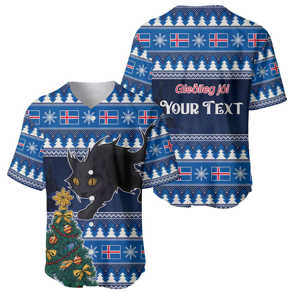Blue Christmas baseball jersey set: black cat front and back with “YOUR TEXT” greeting