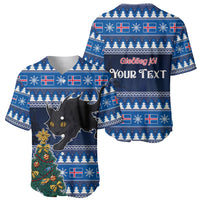 Blue Christmas baseball jersey set: black cat front and back with “YOUR TEXT” greeting