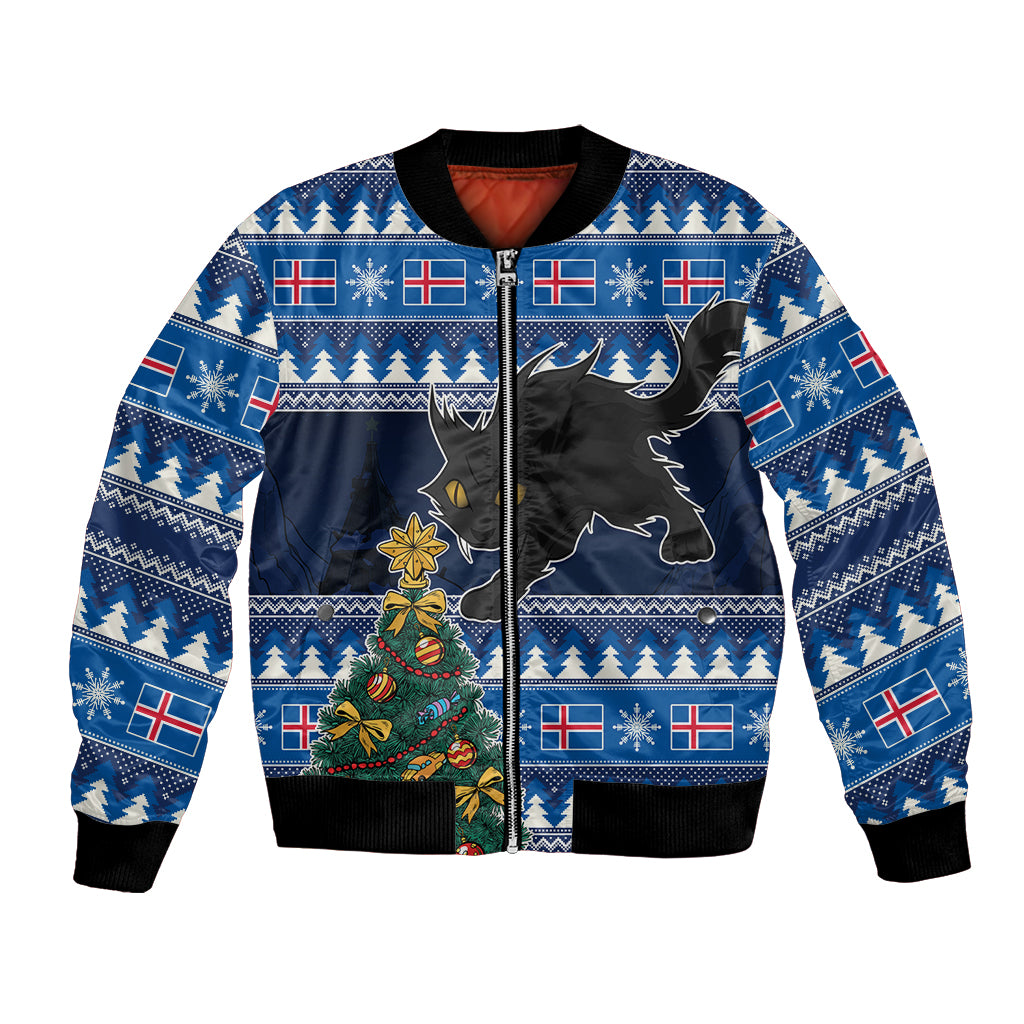 Blue Christmas bomber jacket with Nordic flags, cat and tree graphic, zip front