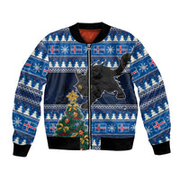 Blue Christmas bomber jacket with Nordic flags, cat and tree graphic, zip front