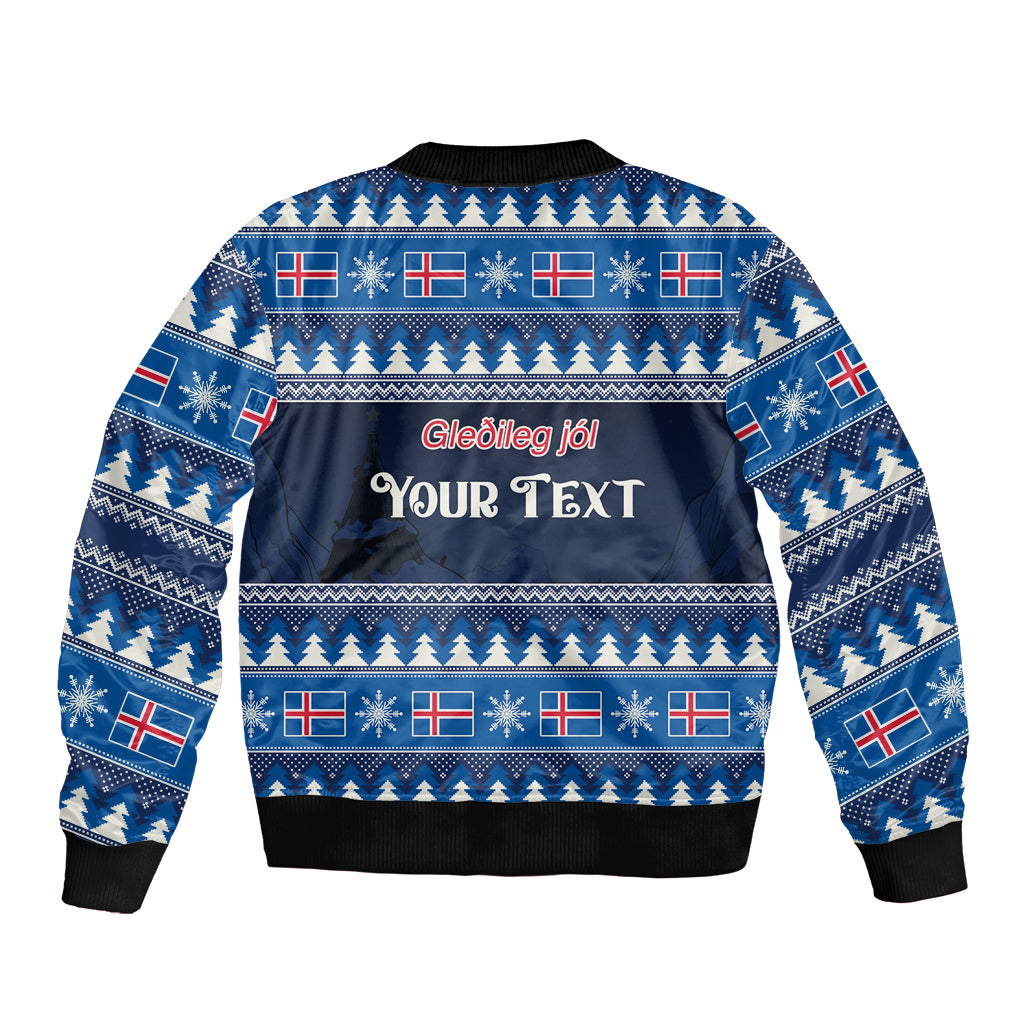 Blue Christmas bomber jacket back with Nordic pattern and custom text panel