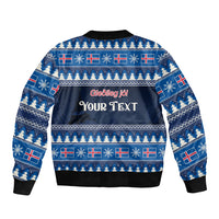 Blue Christmas bomber jacket back with Nordic pattern and custom text panel