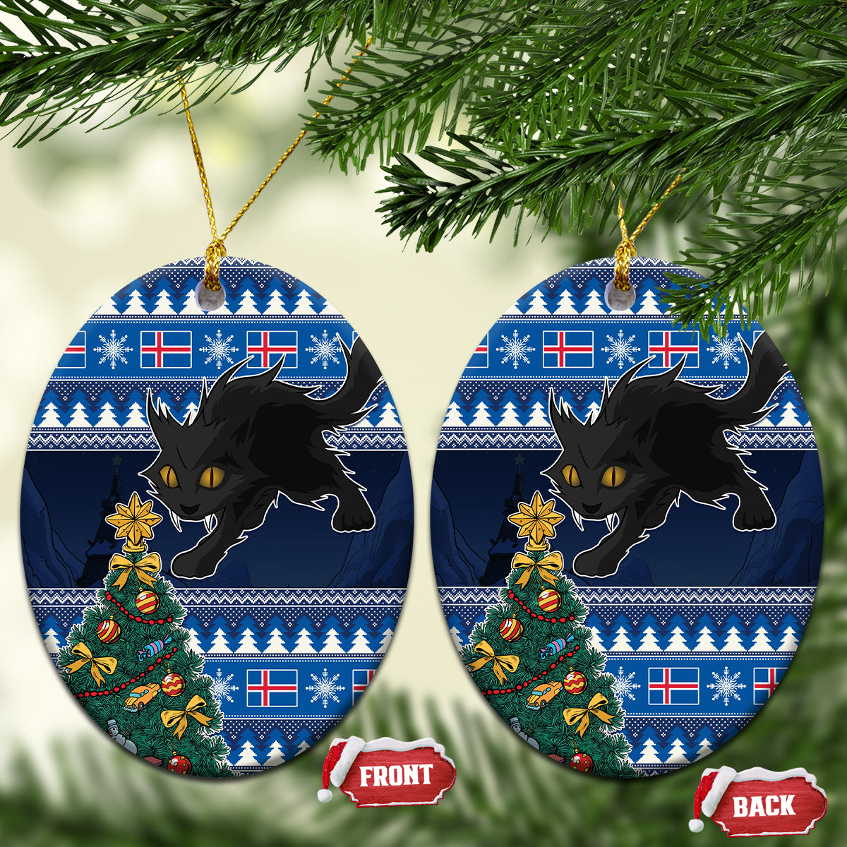 Blue ceramic oval Christmas ornaments with black cat and decorated tree, gold strings