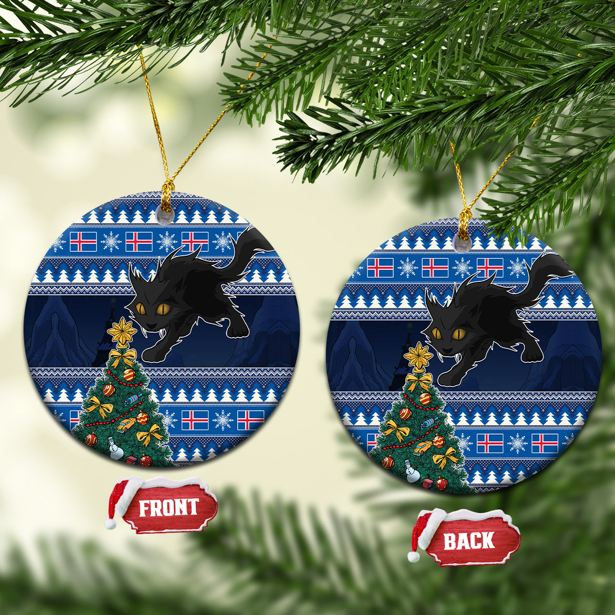 Blue ceramic round Christmas ornament with black cat and decorated tree, gold string