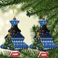 Blue ceramic Christmas tree-shaped ornaments with black cat and decorated tree, gold strings