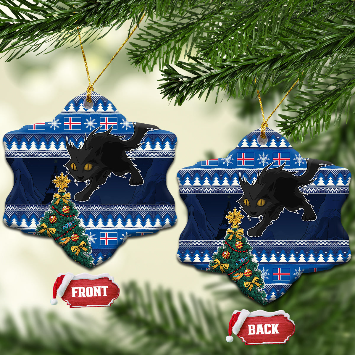 Blue ceramic heart-shaped Christmas ornaments with black cat and decorated tree, gold strings