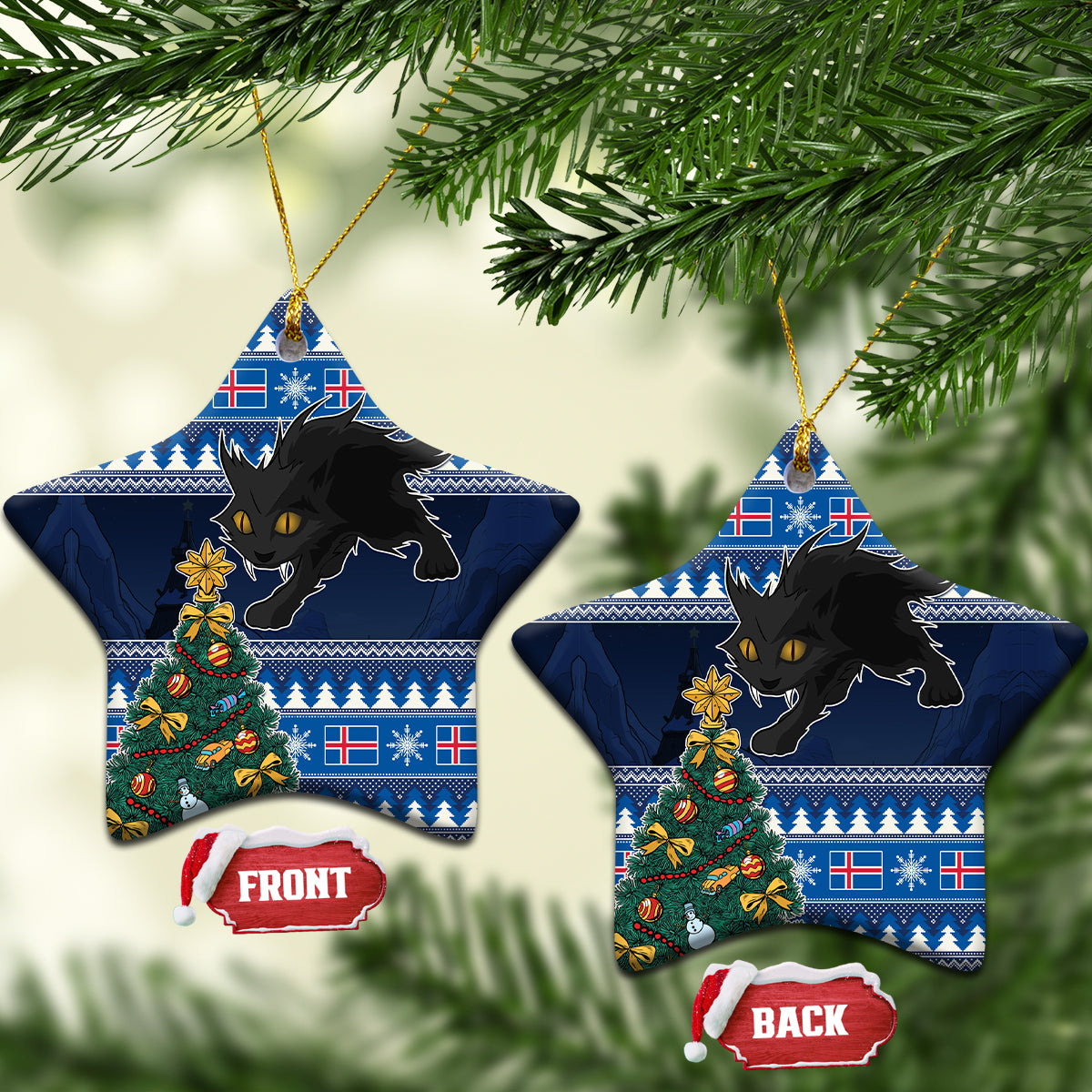 Blue ceramic star-shaped Christmas ornaments with black cat and decorated tree, gold strings
