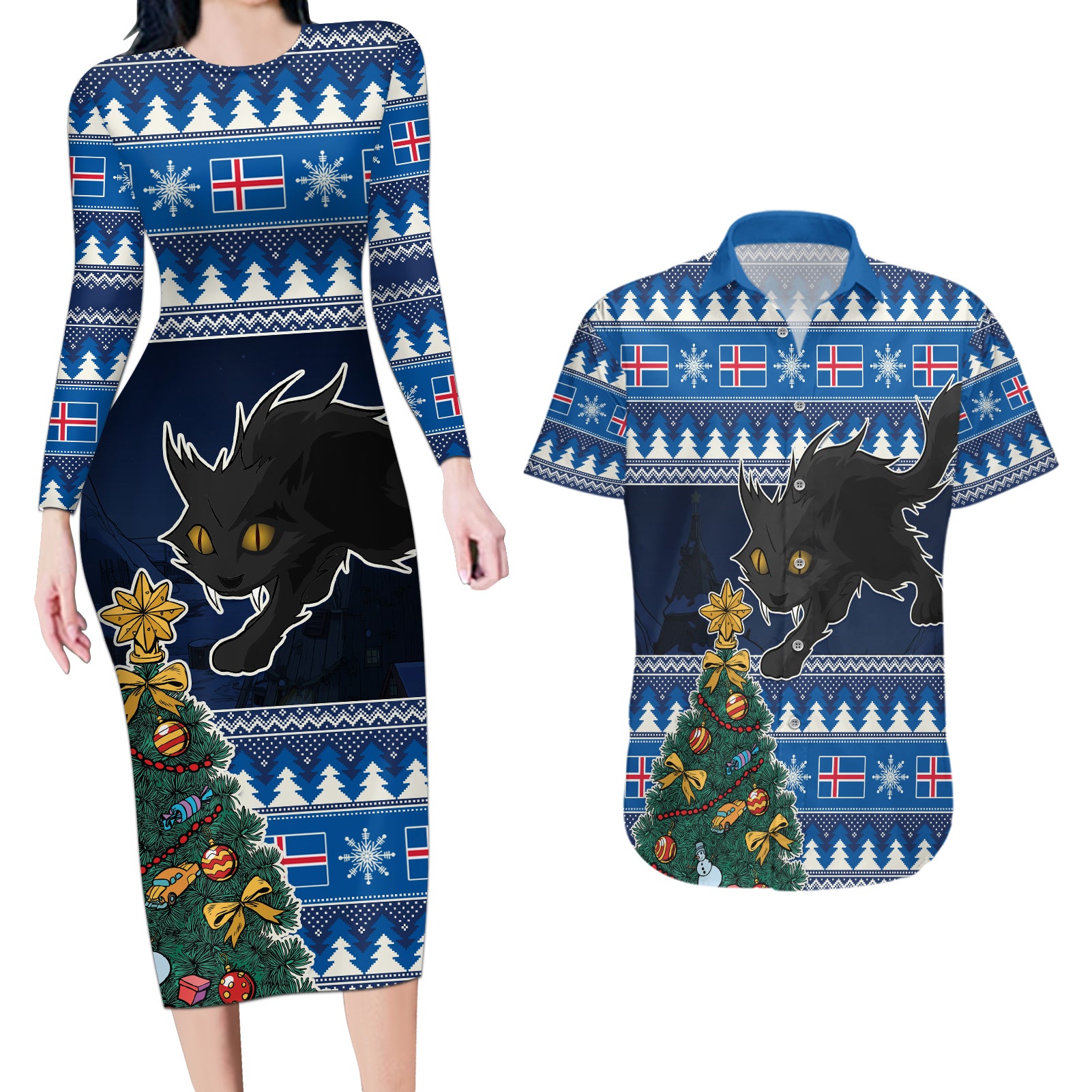 Custom Iceland Christmas Couples Matching Long Sleeve Bodycon Dress and Hawaiian Shirt Yule Cat With Xmas Tree - Wonder Print Shop