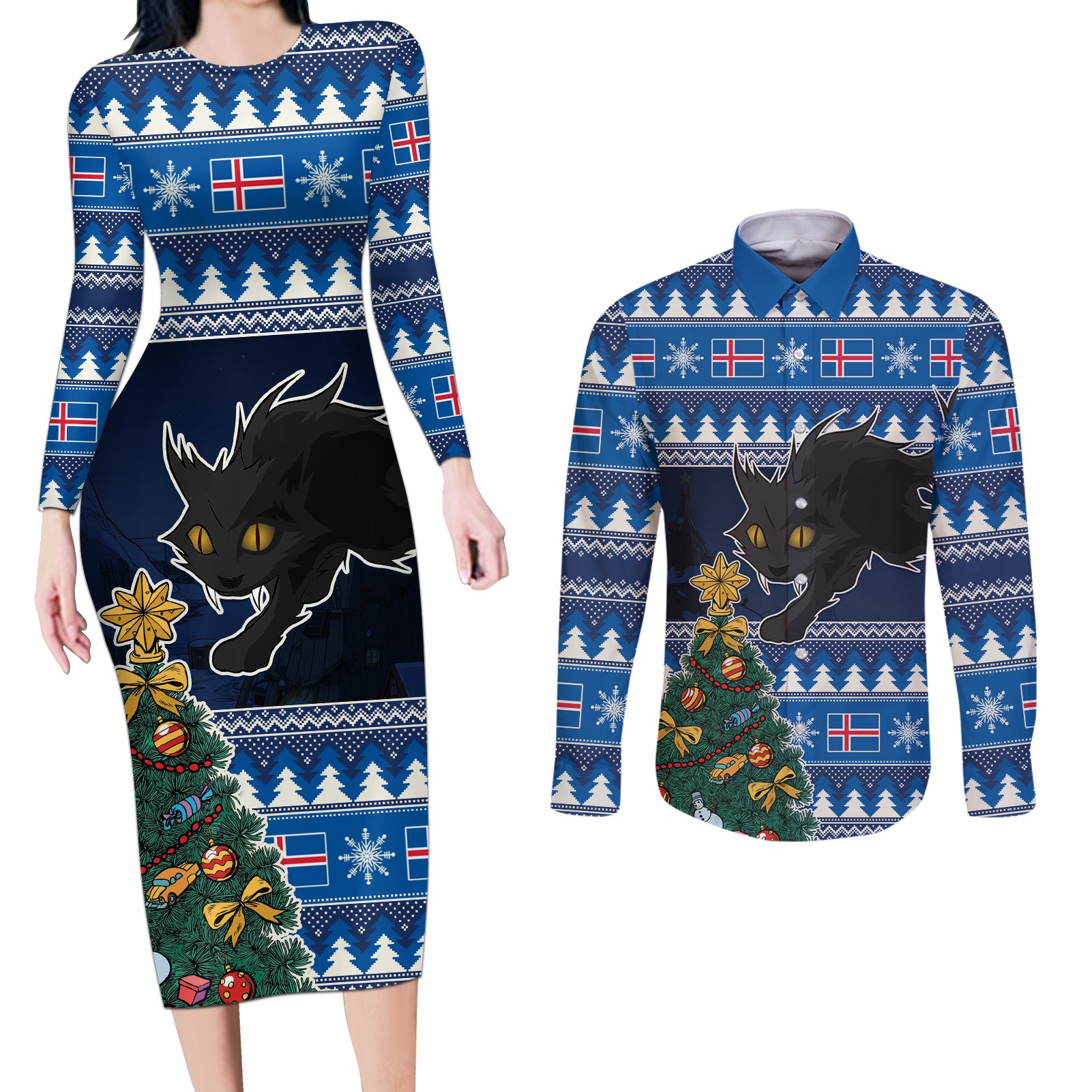 Custom Iceland Christmas Couples Matching Long Sleeve Bodycon Dress and Long Sleeve Button Shirt Yule Cat With Xmas Tree - Wonder Print Shop