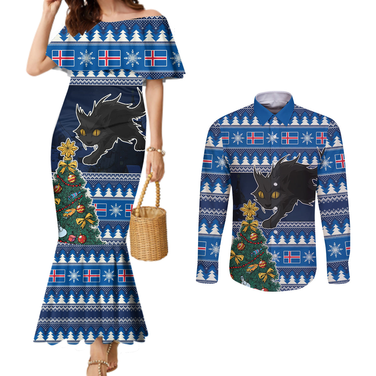 custom-iceland-christmas-couples-matching-mermaid-dress-and-long-sleeve-button-shirt-yule-cat-with-xmas-tree