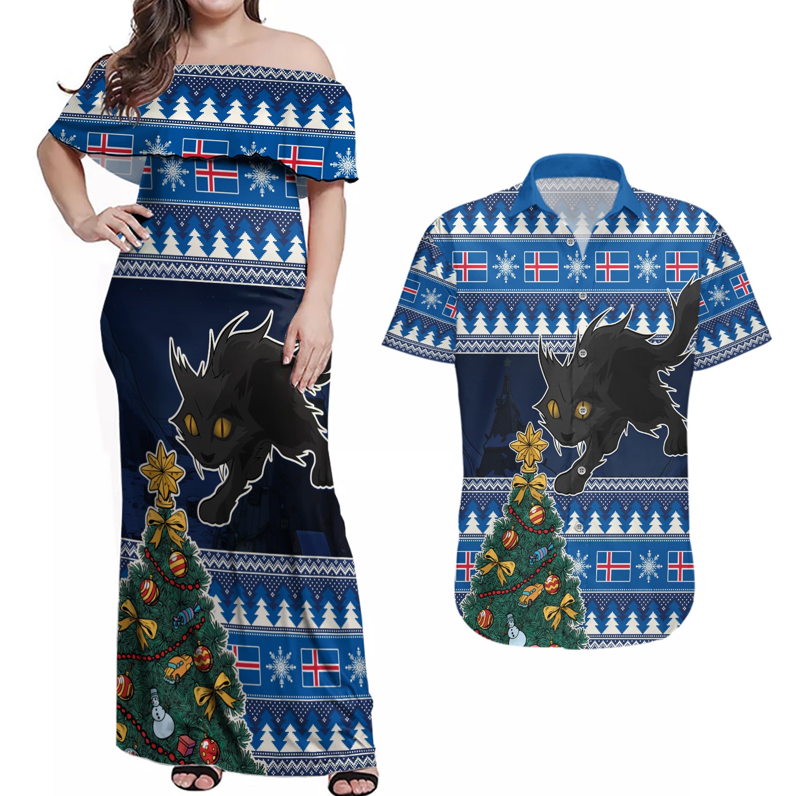 Custom Iceland Christmas Couples Matching Off Shoulder Maxi Dress and Hawaiian Shirt Yule Cat With Xmas Tree - Wonder Print Shop