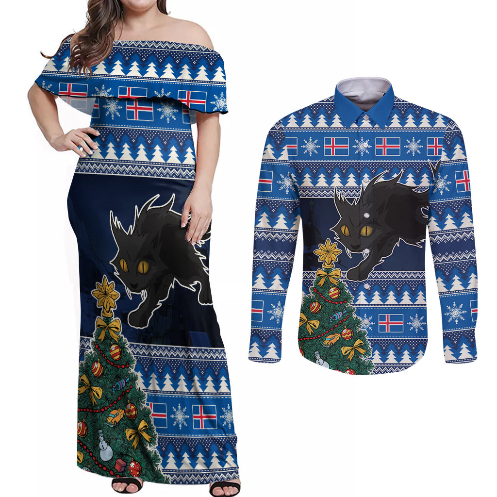 Custom Iceland Christmas Couples Matching Off Shoulder Maxi Dress and Long Sleeve Button Shirt Yule Cat With Xmas Tree - Wonder Print Shop