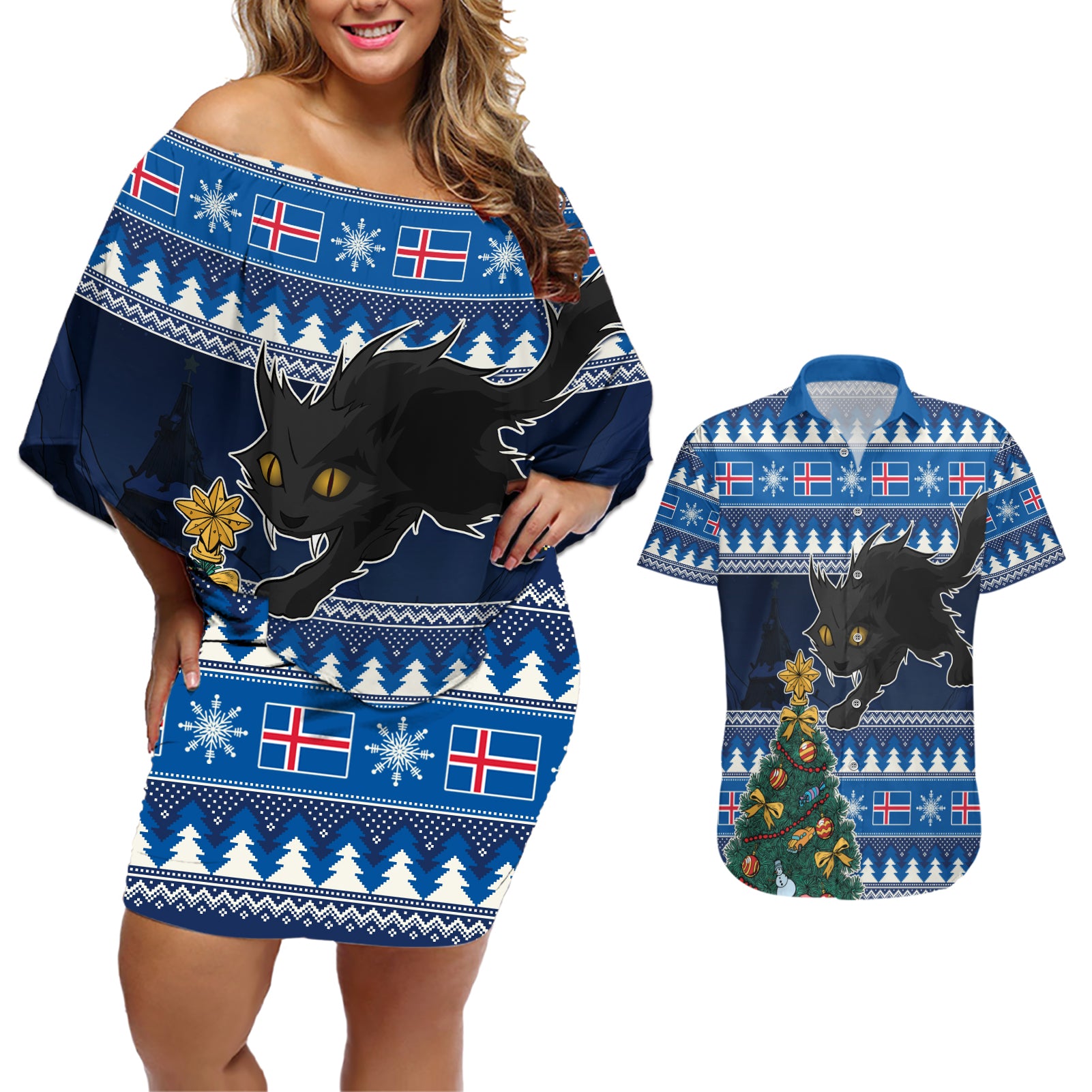 Custom Iceland Christmas Couples Matching Off Shoulder Short Dress and Hawaiian Shirt Yule Cat With Xmas Tree - Wonder Print Shop