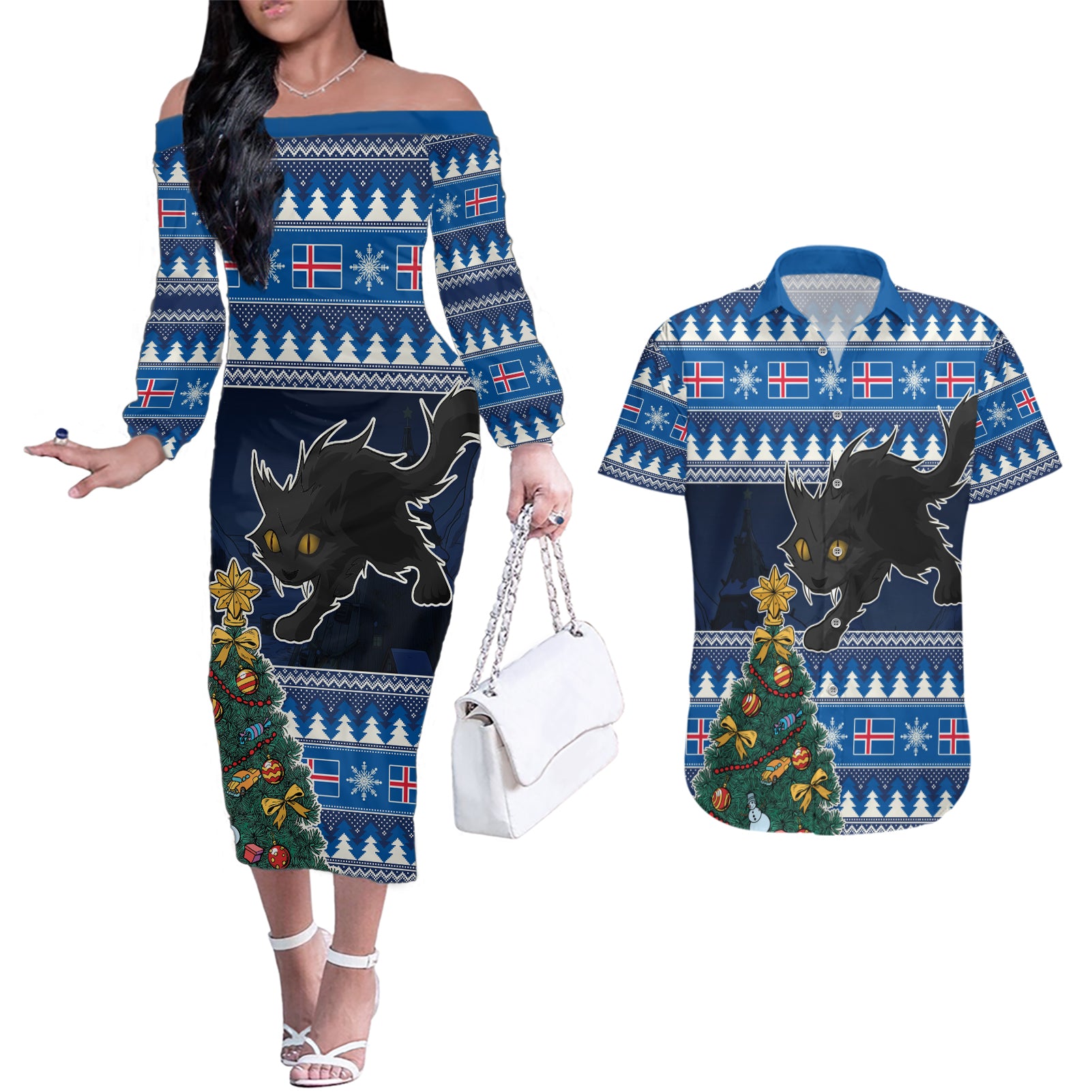 Custom Iceland Christmas Couples Matching Off The Shoulder Long Sleeve Dress and Hawaiian Shirt Yule Cat With Xmas Tree - Wonder Print Shop