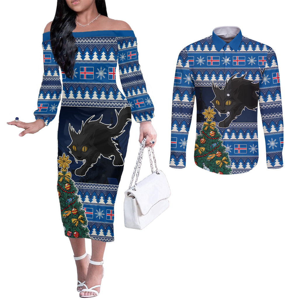 custom-iceland-christmas-couples-matching-off-the-shoulder-long-sleeve-dress-and-long-sleeve-button-shirt-yule-cat-with-xmas-tree