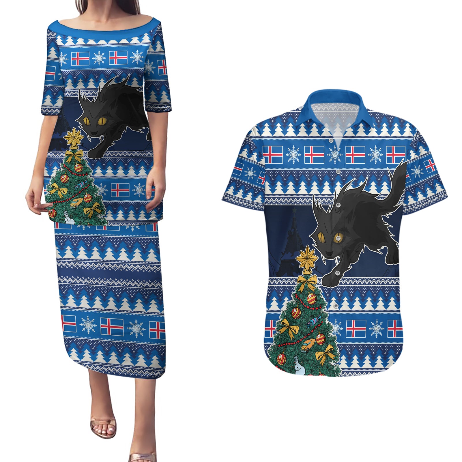 Custom Iceland Christmas Couples Matching Puletasi Dress and Hawaiian Shirt Yule Cat With Xmas Tree - Wonder Print Shop