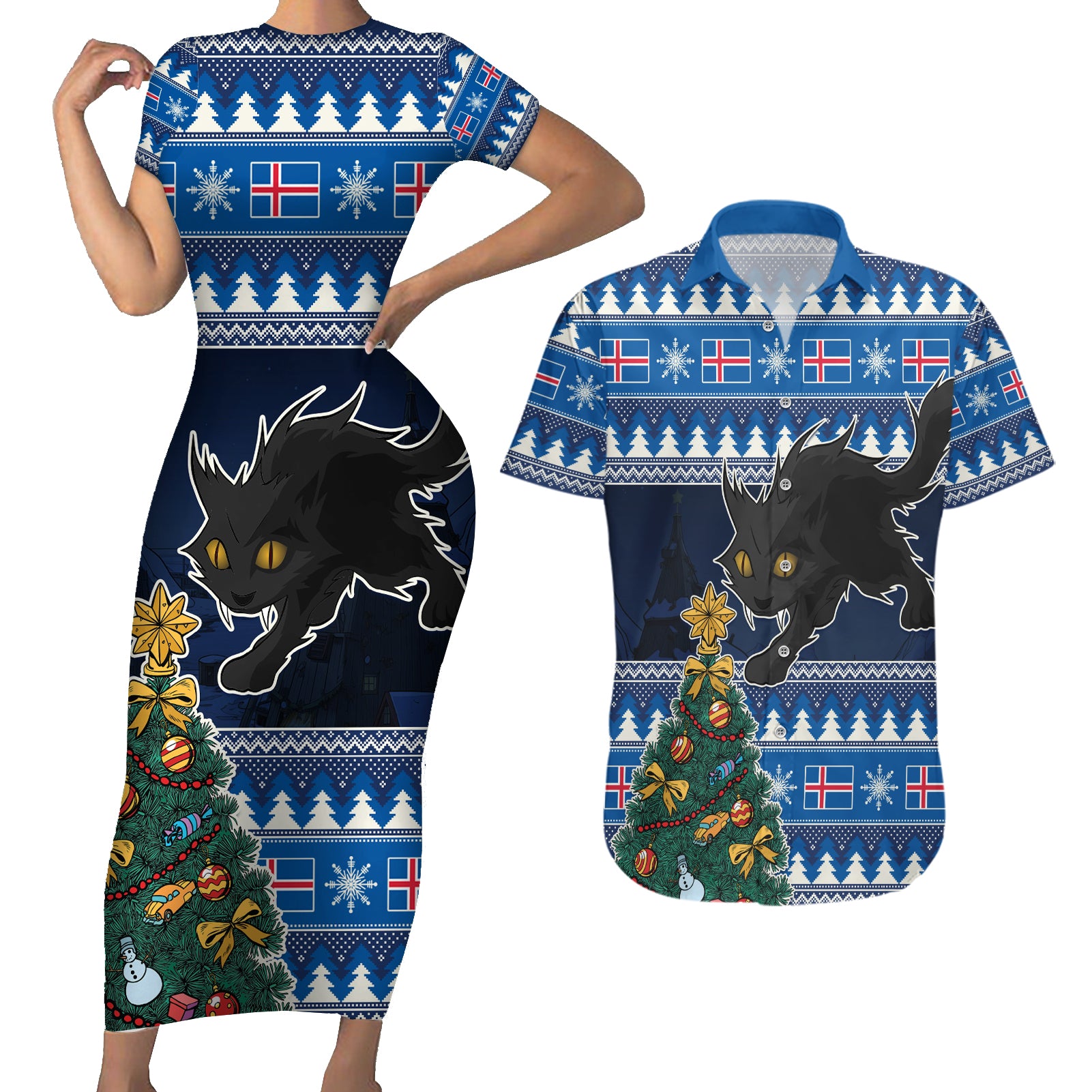 Custom Iceland Christmas Couples Matching Short Sleeve Bodycon Dress and Hawaiian Shirt Yule Cat With Xmas Tree - Wonder Print Shop