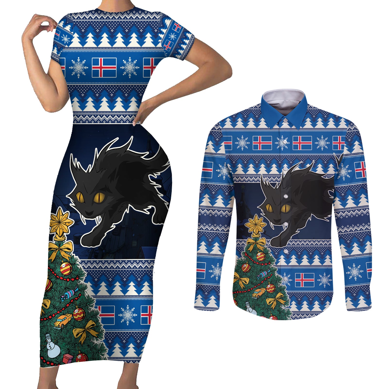 Custom Iceland Christmas Couples Matching Short Sleeve Bodycon Dress and Long Sleeve Button Shirt Yule Cat With Xmas Tree - Wonder Print Shop