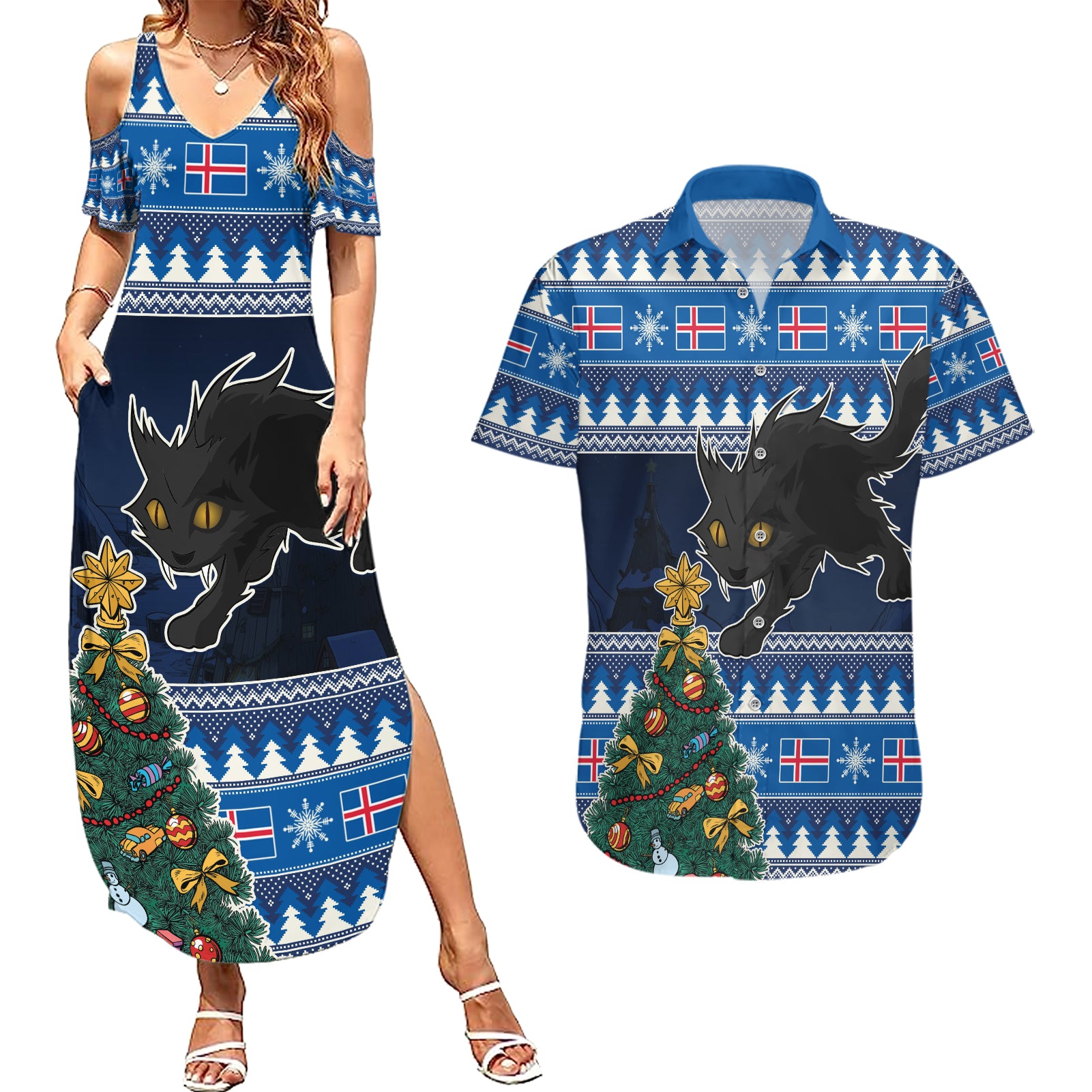 Custom Iceland Christmas Couples Matching Summer Maxi Dress and Hawaiian Shirt Yule Cat With Xmas Tree - Wonder Print Shop