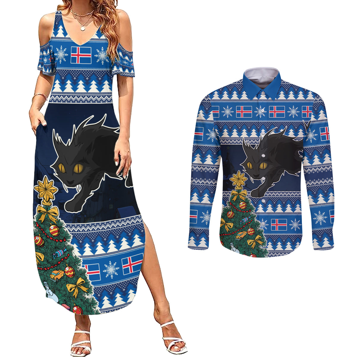 Custom Iceland Christmas Couples Matching Summer Maxi Dress and Long Sleeve Button Shirt Yule Cat With Xmas Tree - Wonder Print Shop