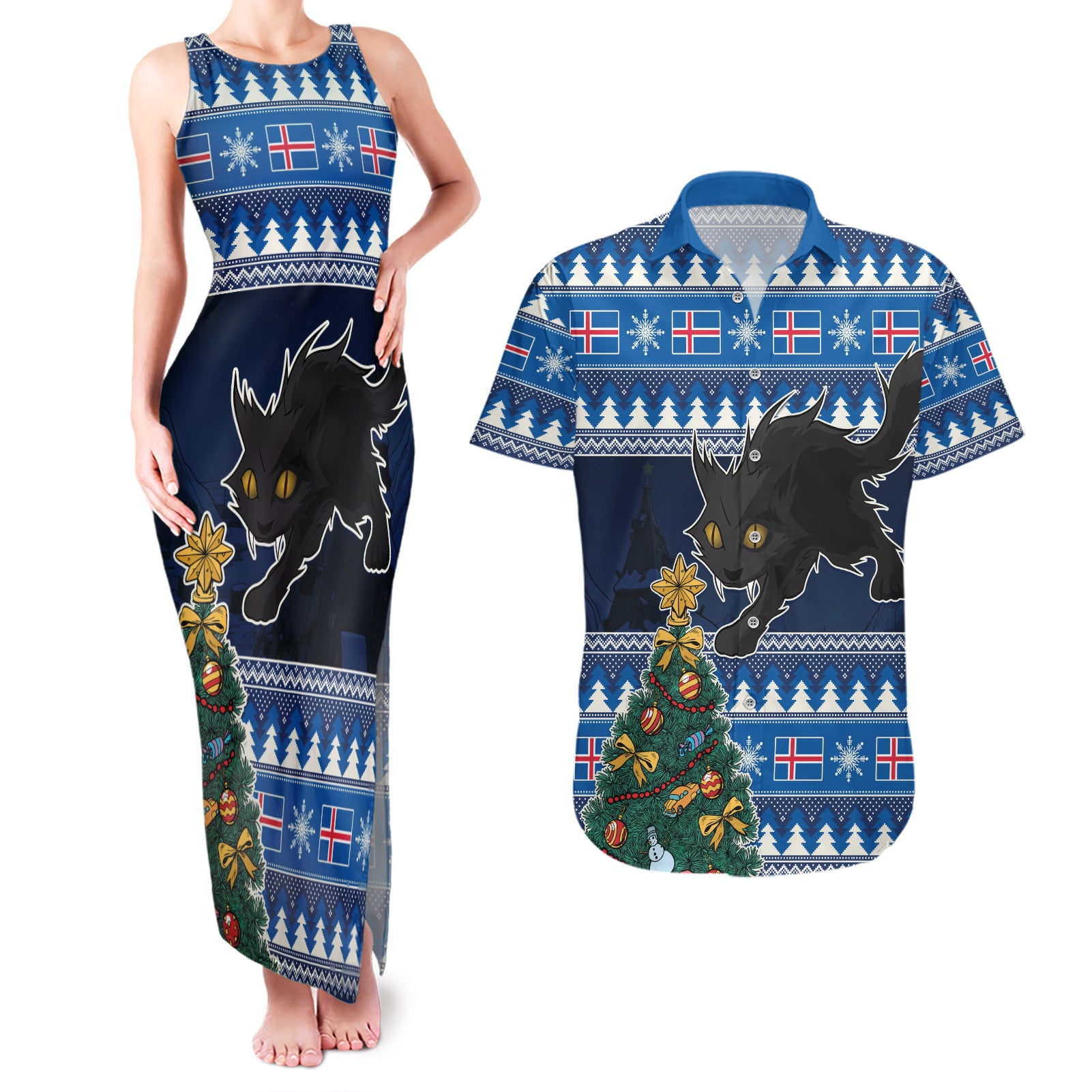 Custom Iceland Christmas Couples Matching Tank Maxi Dress and Hawaiian Shirt Yule Cat With Xmas Tree - Wonder Print Shop