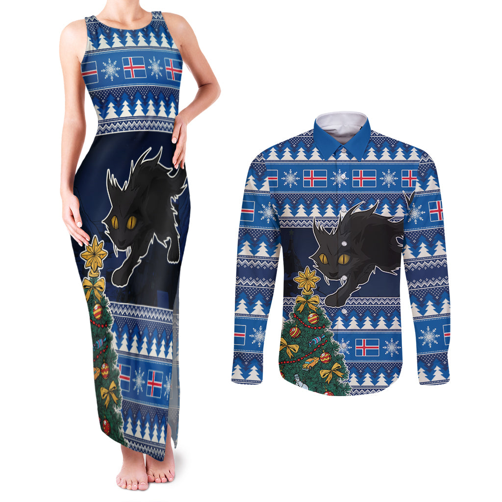 Custom Iceland Christmas Couples Matching Tank Maxi Dress and Long Sleeve Button Shirt Yule Cat With Xmas Tree - Wonder Print Shop