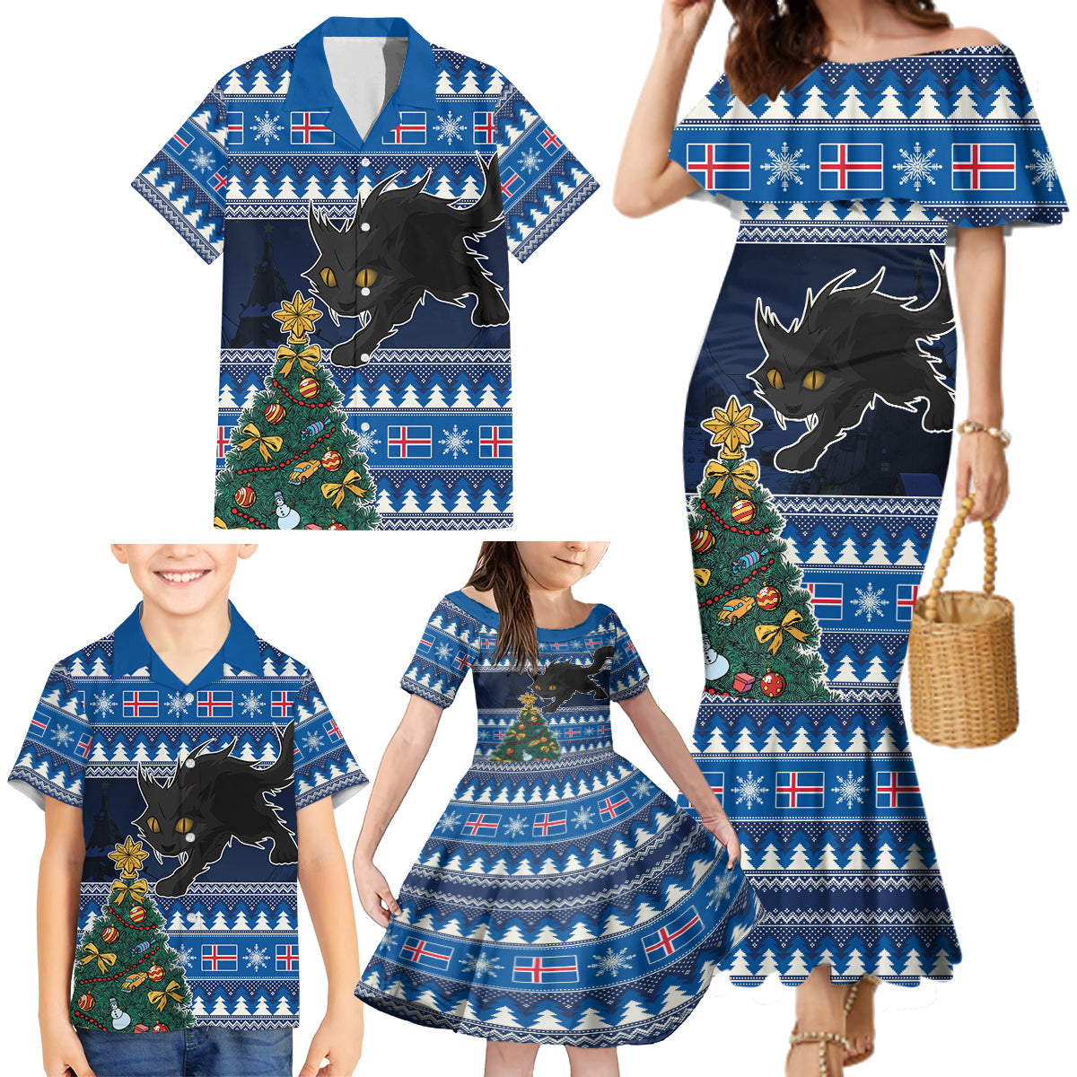 Custom Iceland Christmas Family Matching Mermaid Dress and Hawaiian Shirt Yule Cat With Xmas Tree - Wonder Print Shop