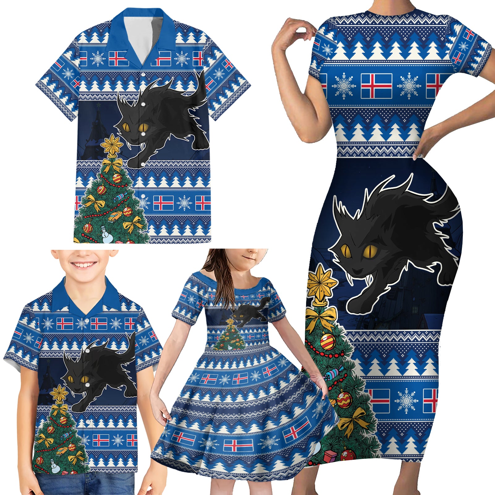 Custom Iceland Christmas Family Matching Short Sleeve Bodycon Dress and Hawaiian Shirt Yule Cat With Xmas Tree - Wonder Print Shop