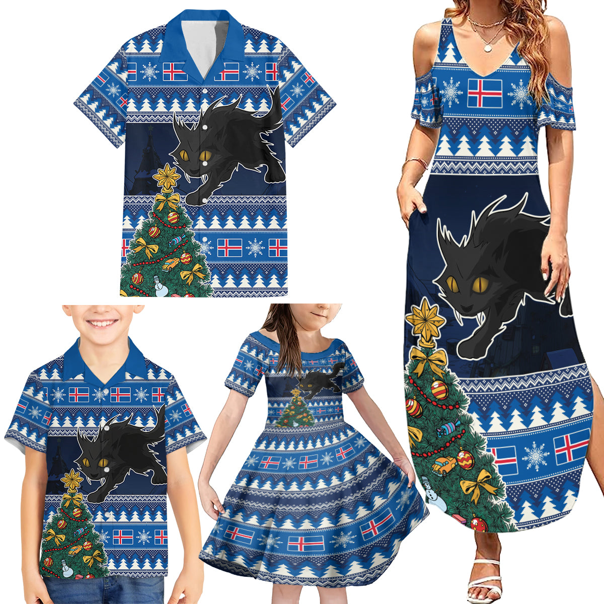 Custom Iceland Christmas Family Matching Summer Maxi Dress and Hawaiian Shirt Yule Cat With Xmas Tree - Wonder Print Shop