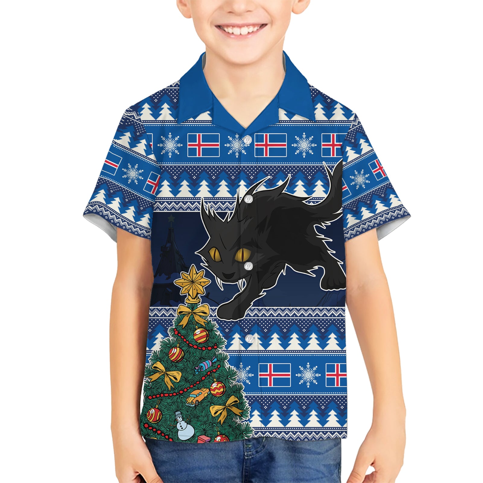 Custom Iceland Christmas Kid Hawaiian Shirt Yule Cat With Xmas Tree - Wonder Print Shop