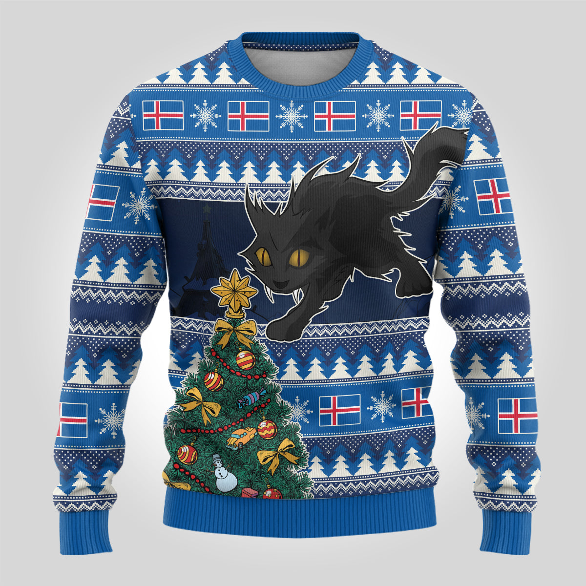 Blue ugly Christmas sweater with black cat face and decorated Christmas tree graphic