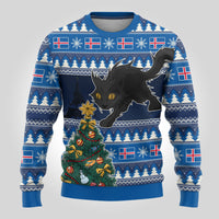 Blue ugly Christmas sweater with black cat face and decorated Christmas tree graphic