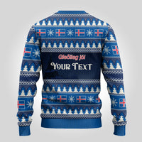 Blue ugly Christmas sweater back view with Norway flag pattern and custom text area