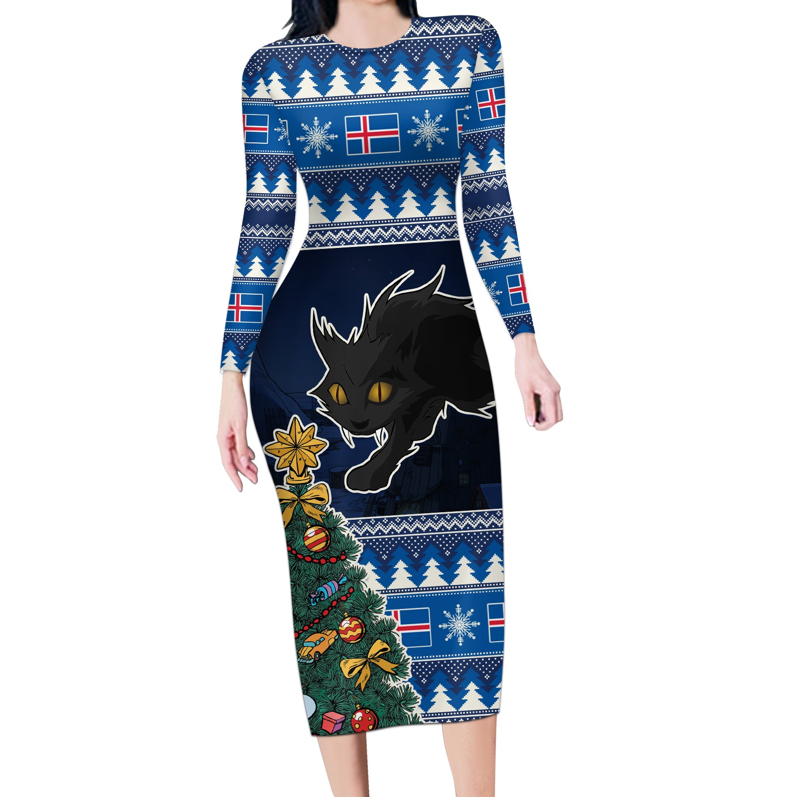 Custom Iceland Christmas Long Sleeve Bodycon Dress Yule Cat With Xmas Tree - Wonder Print Shop