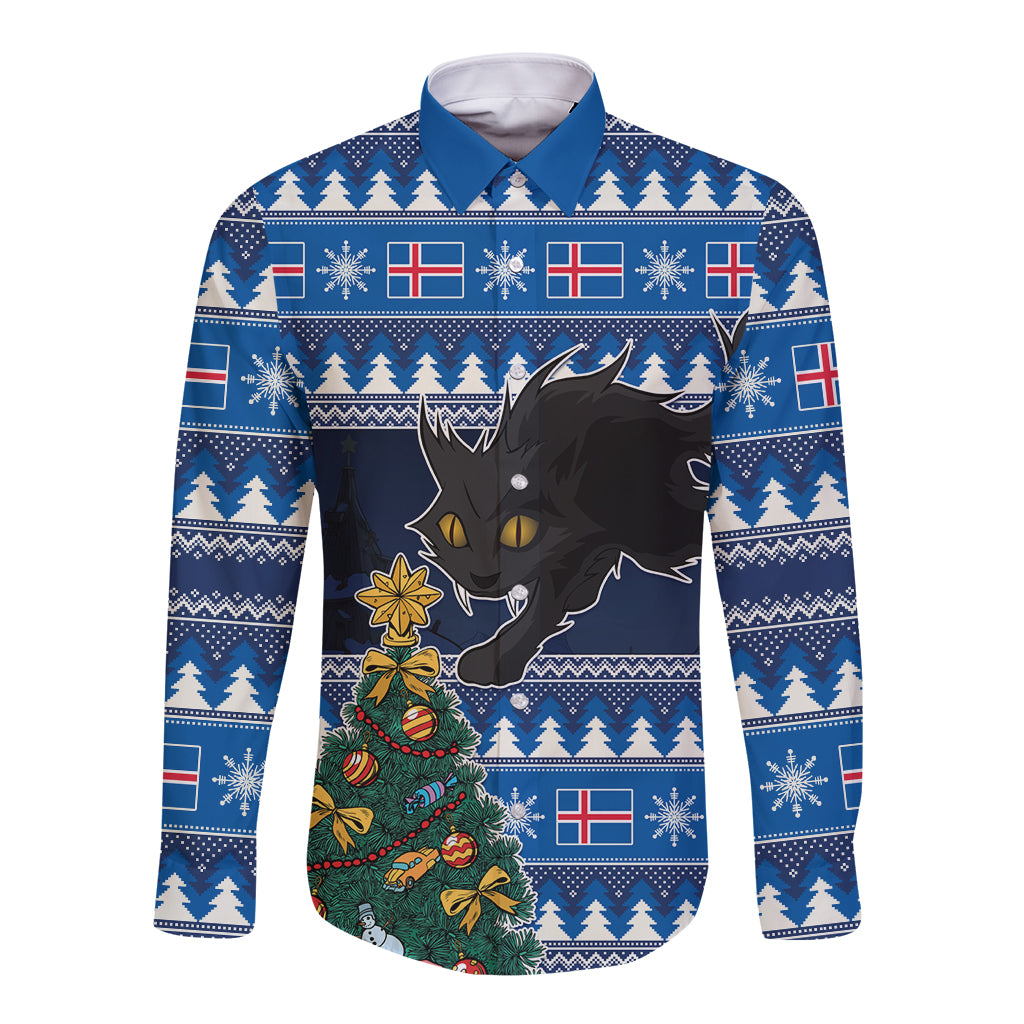 Blue long-sleeve button shirt with yule cat and Christmas tree graphic