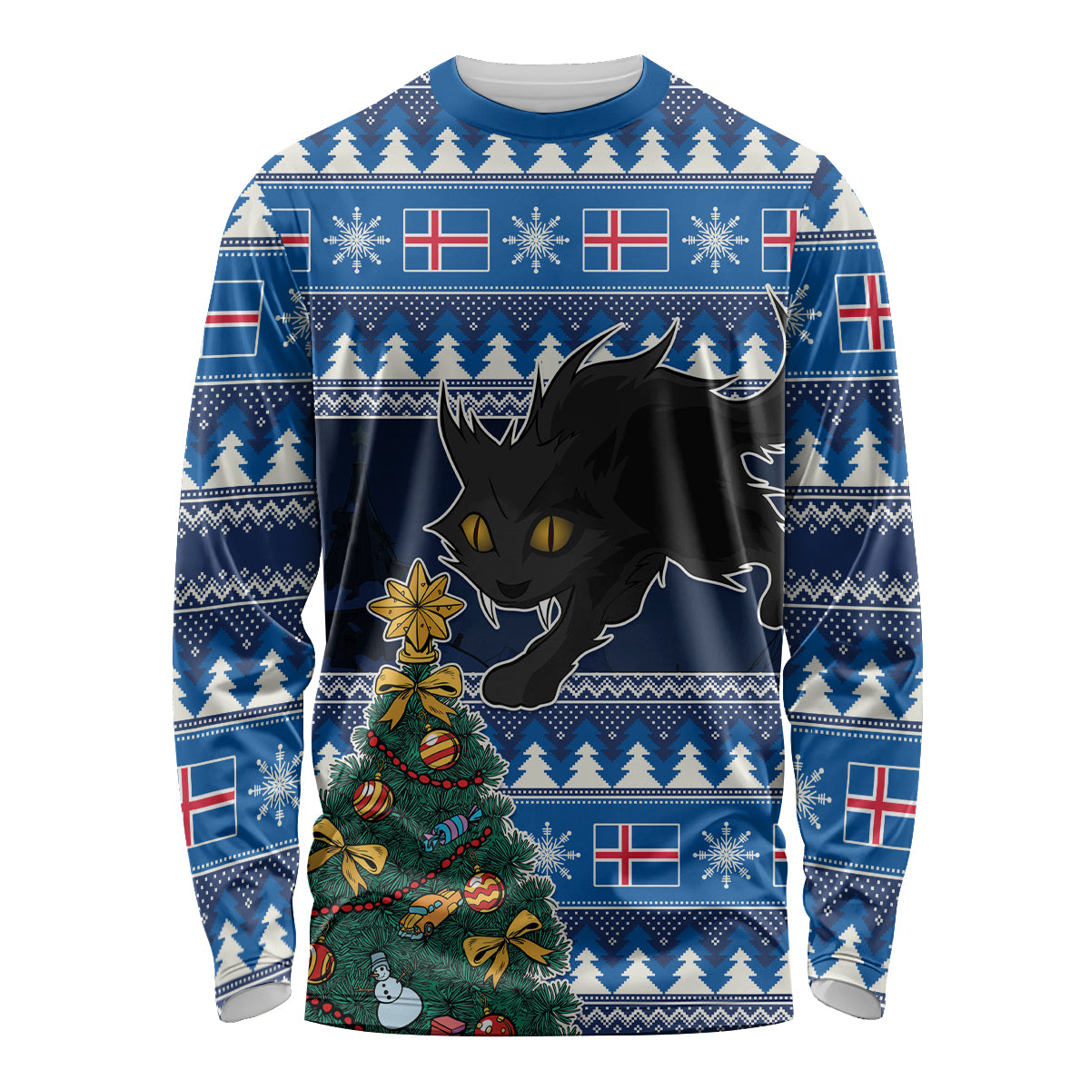 Custom Iceland Christmas Long Sleeve Shirt Yule Cat With Xmas Tree - Wonder Print Shop