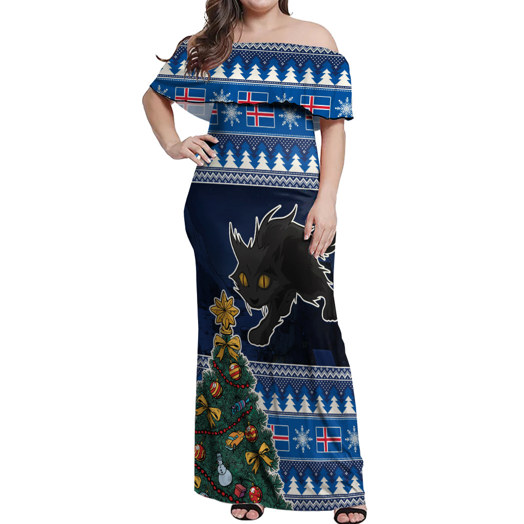 Custom Iceland Christmas Off Shoulder Maxi Dress Yule Cat With Xmas Tree - Wonder Print Shop