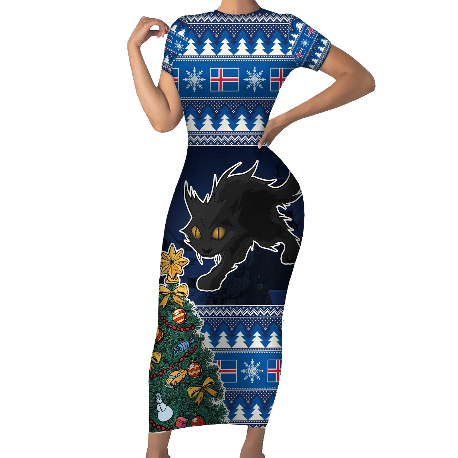 custom-iceland-christmas-short-sleeve-bodycon-dress-yule-cat-with-xmas-tree