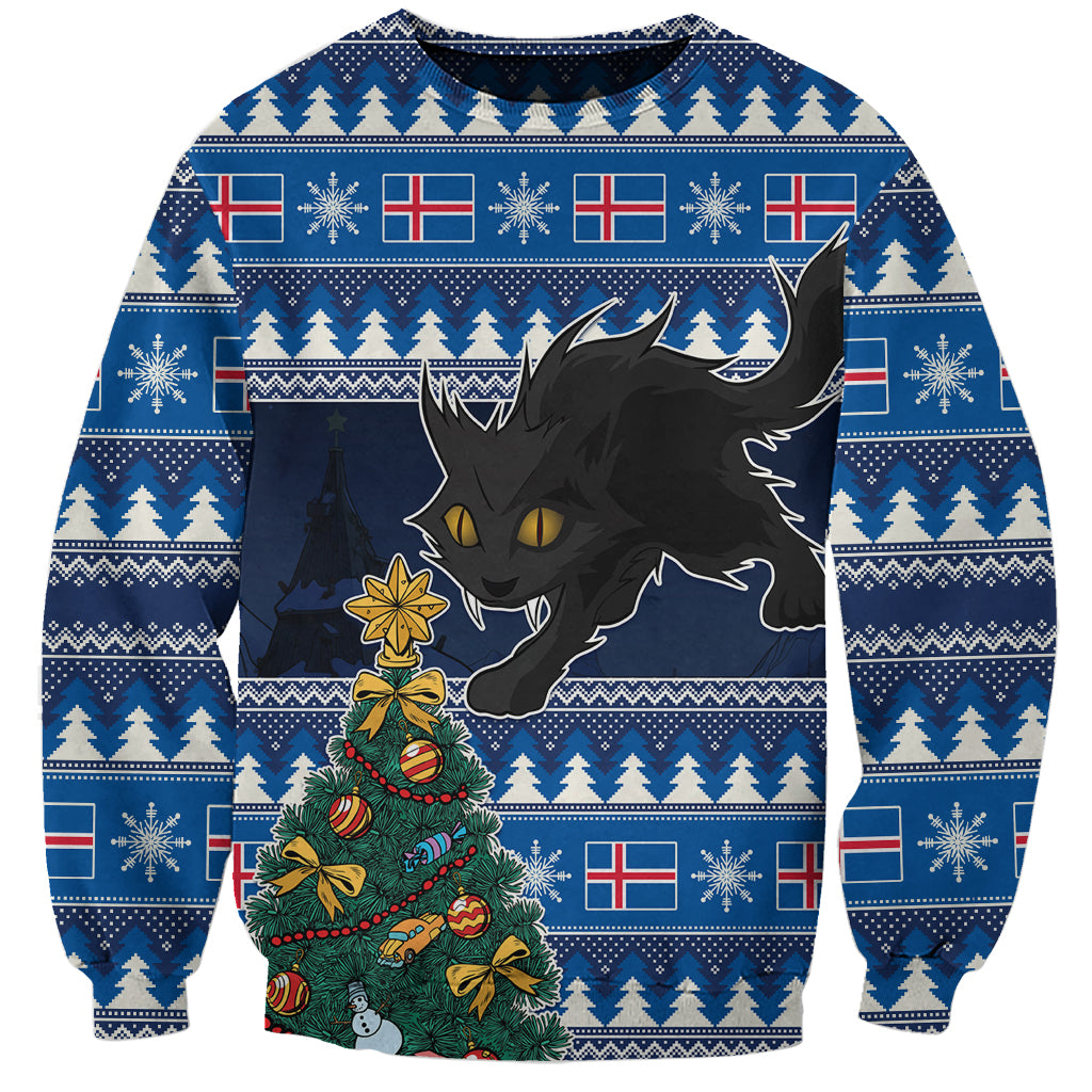 Blue unisex Christmas sweatshirt with black cat and decorated Christmas tree graphic