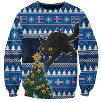 Blue unisex Christmas sweatshirt with black cat and decorated Christmas tree graphic