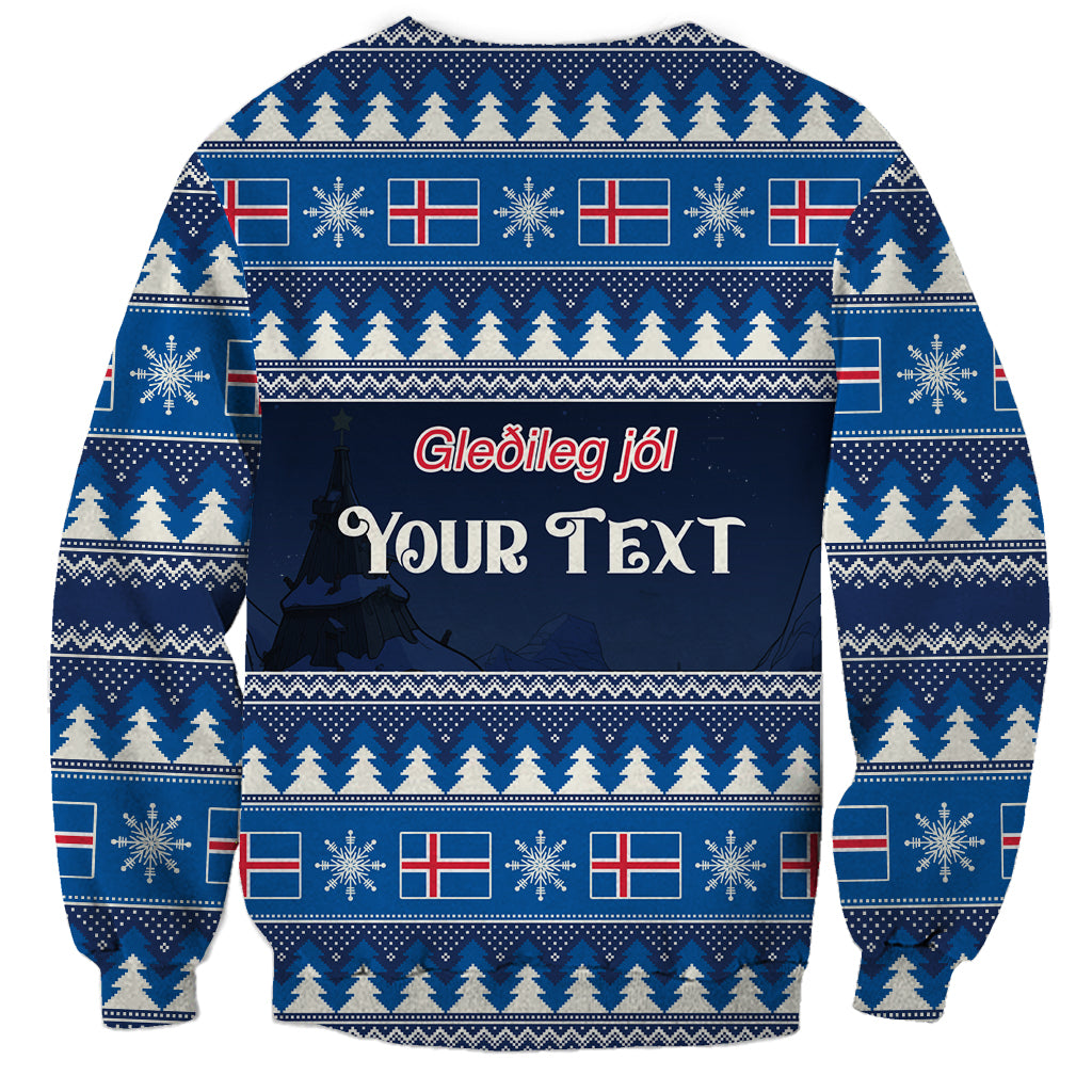 Blue unisex Christmas sweatshirt with Nordic pattern and 'YOUR TEXT' holiday panel