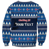 Blue unisex Christmas sweatshirt with Nordic pattern and 'YOUR TEXT' holiday panel