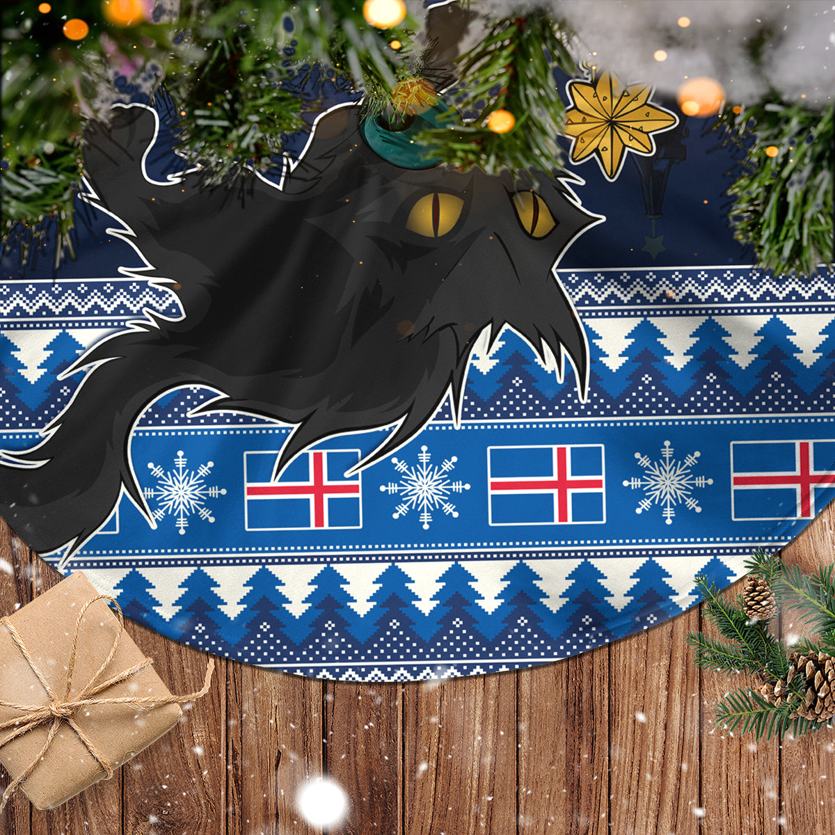 Blue Christmas tree skirt with yule cat and Nordic flag snowflake border